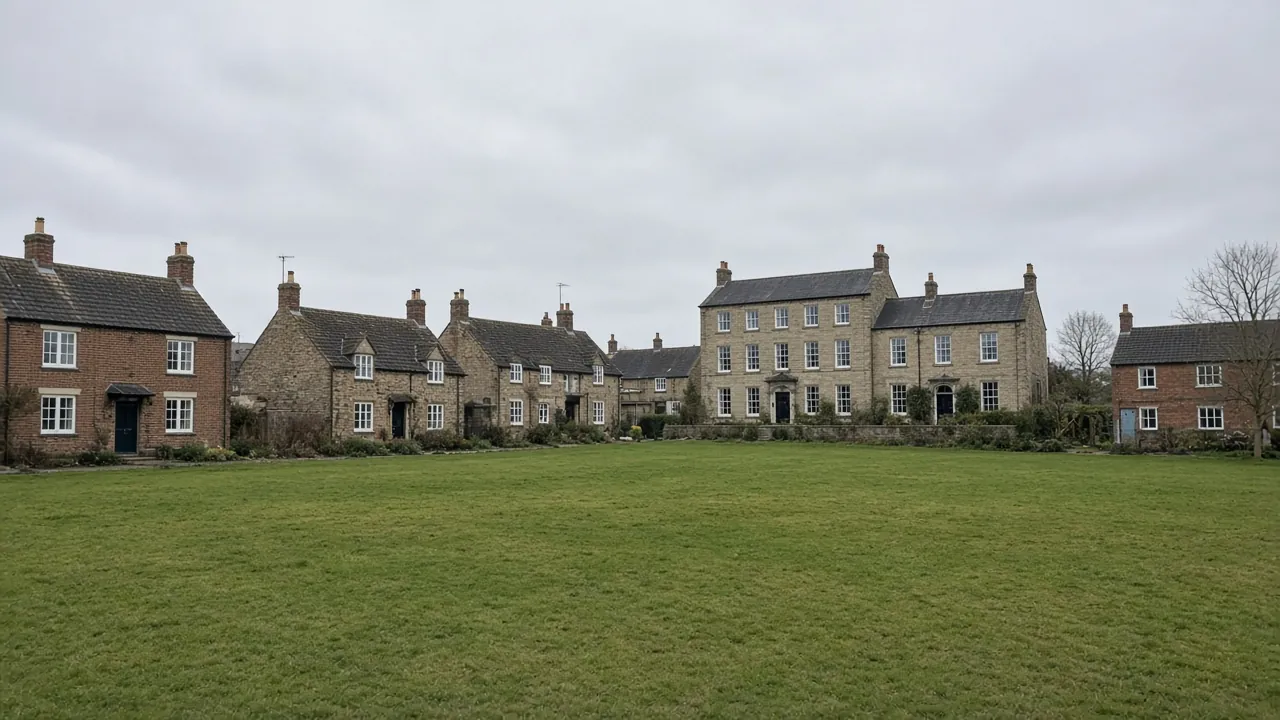 Example image: a village green lined with brick and stone cottages