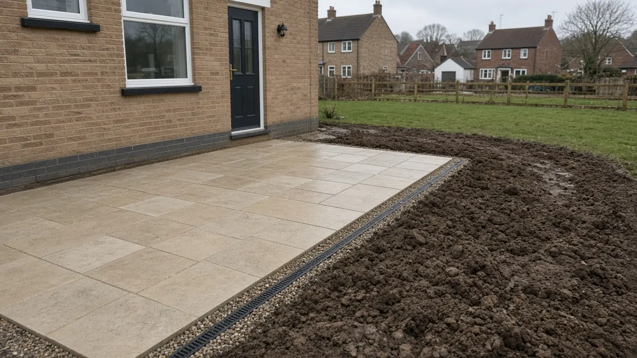 Example image: a sandstone patio with a drainage channel beside a clay border