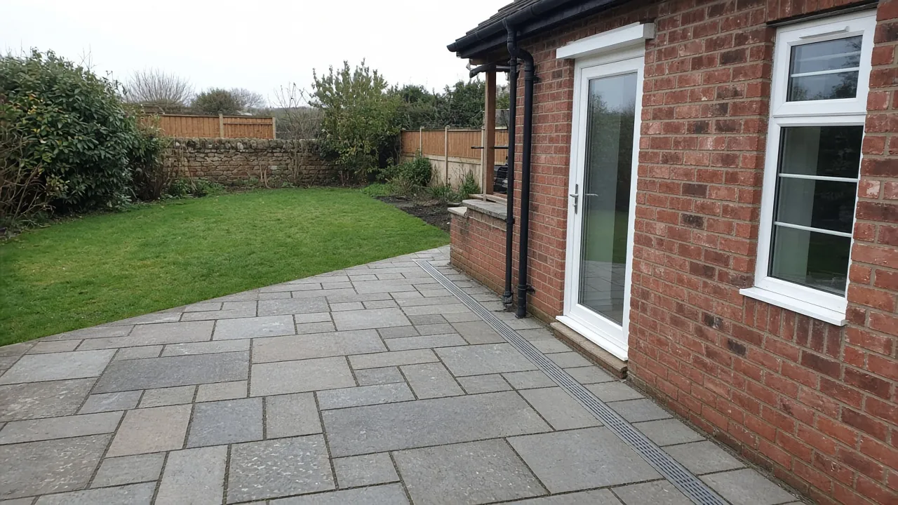 Example image: grey sandstone patio with a channel drain behind a brick house with a lawn