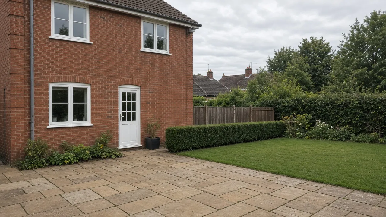 Example image: buff sandstone patio behind a brick detached house with a lawn and a low hedge
