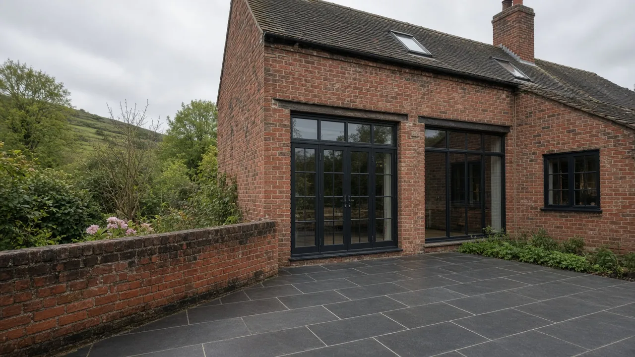 Example image: charcoal porcelain patio with a low brick wall beside a converted brick barn