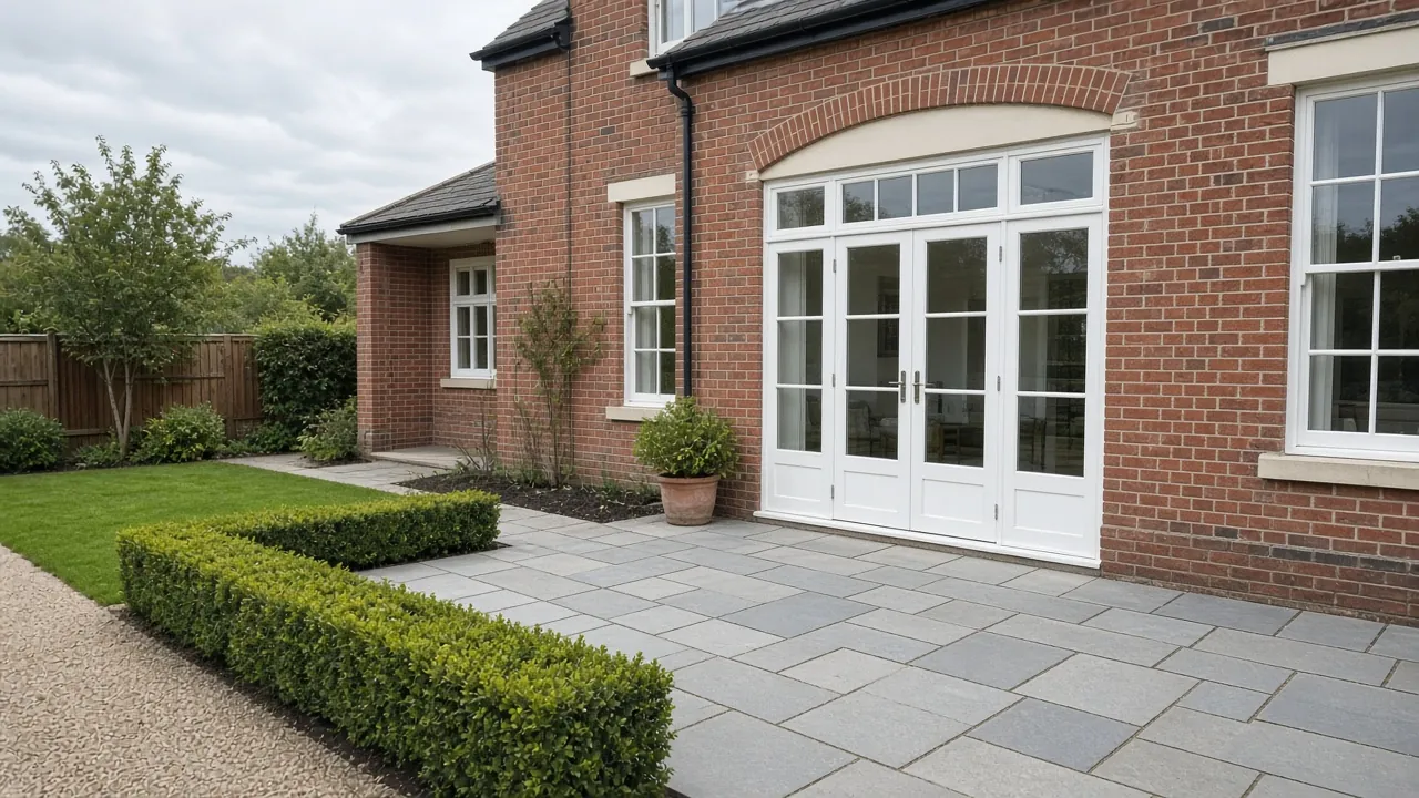 Example image: natural stone paving by a brick house